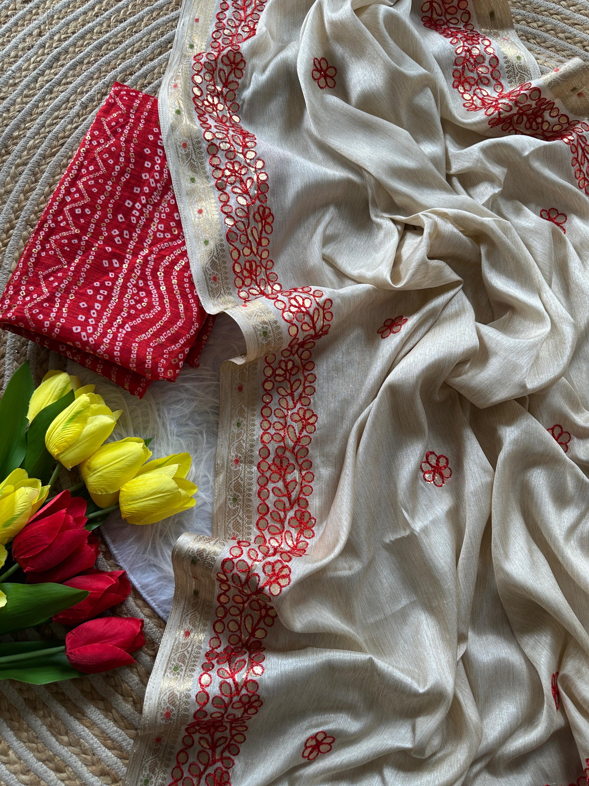 Soft Tussar Silk Saree with Zari Weave Border & Rajasthani Gota Patti Work