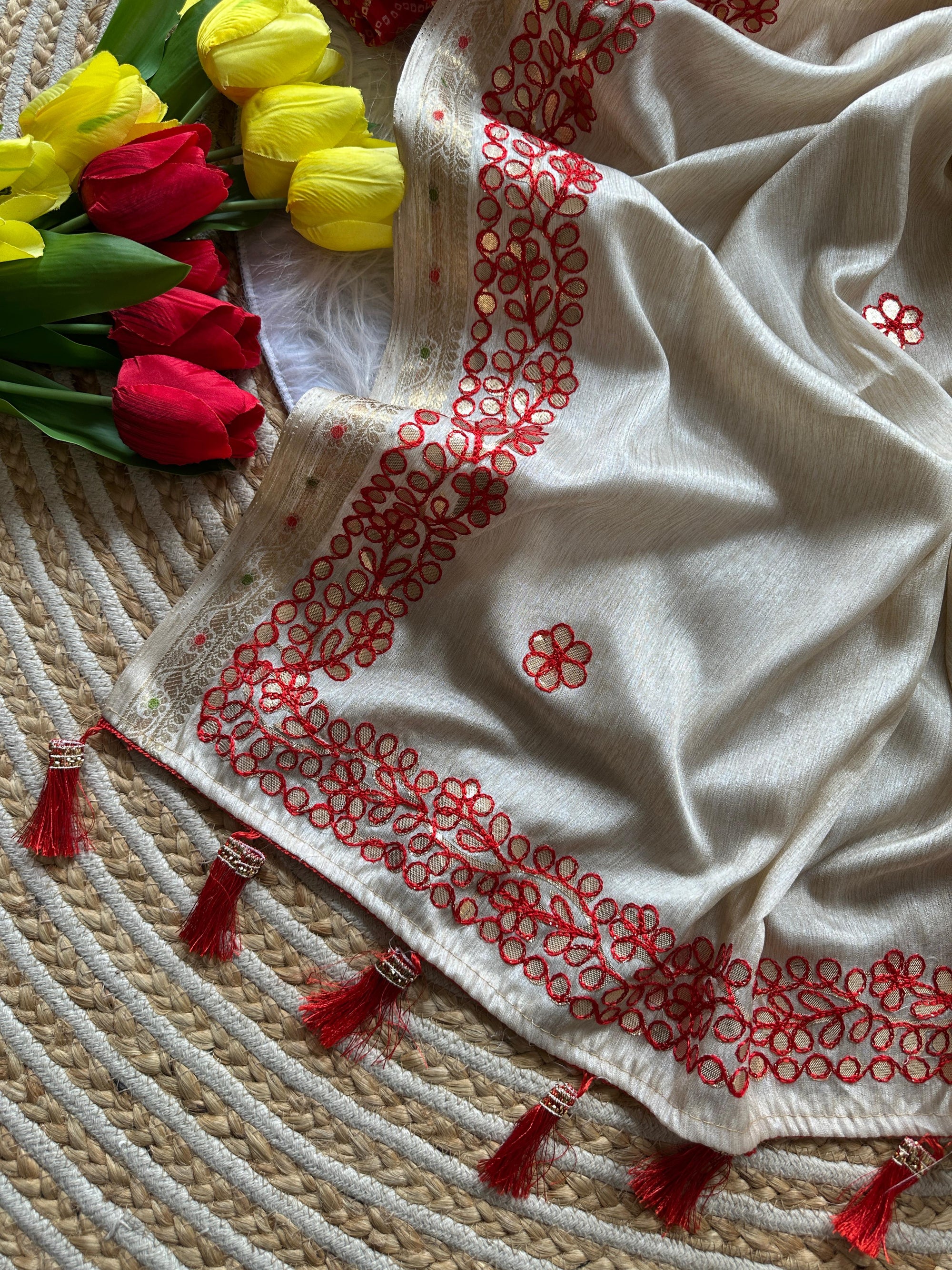 Soft Tussar Silk Saree with Zari Weave Border & Rajasthani Gota Patti Work