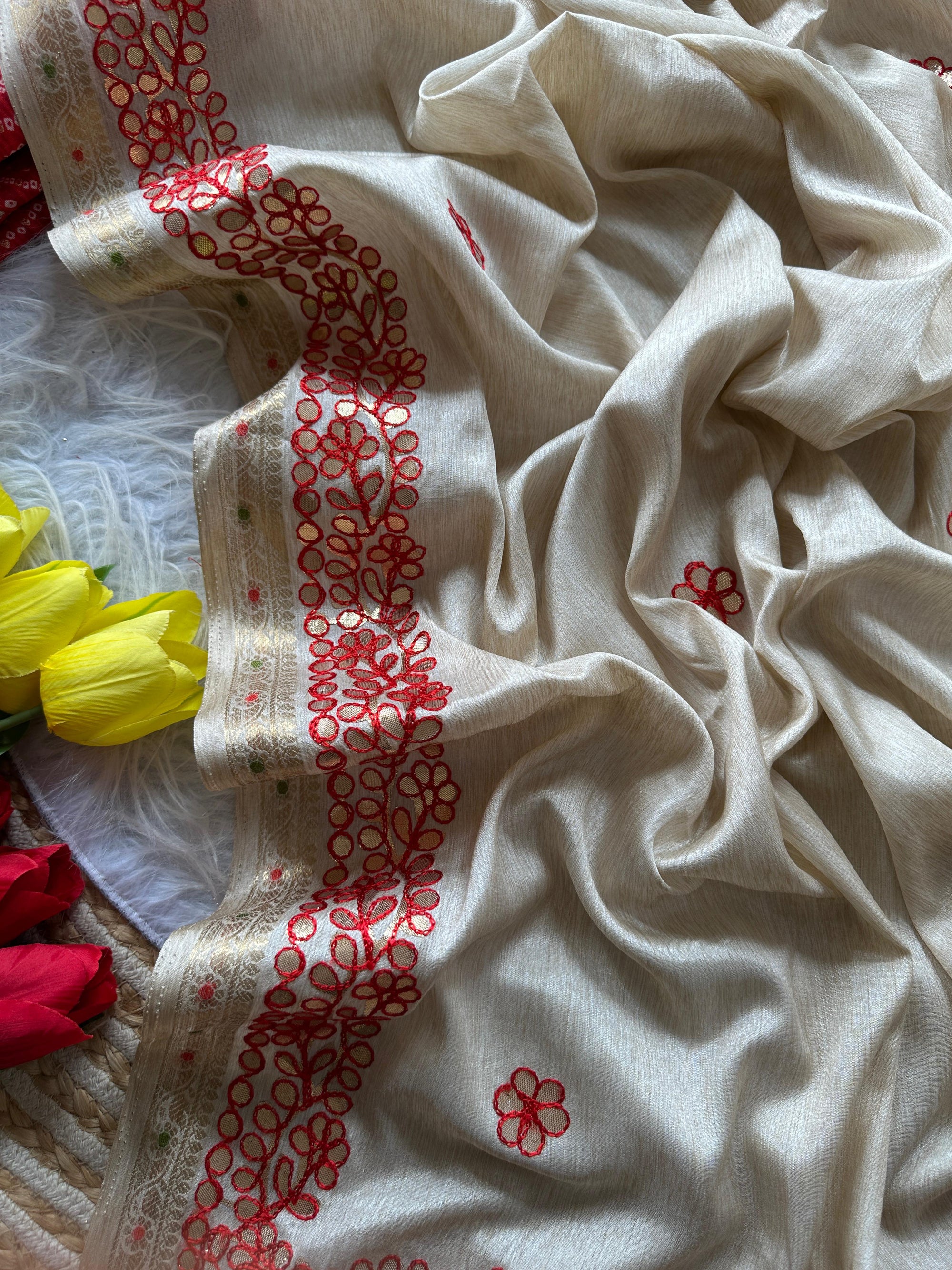 Soft Tussar Silk Saree with Zari Weave Border & Rajasthani Gota Patti Work