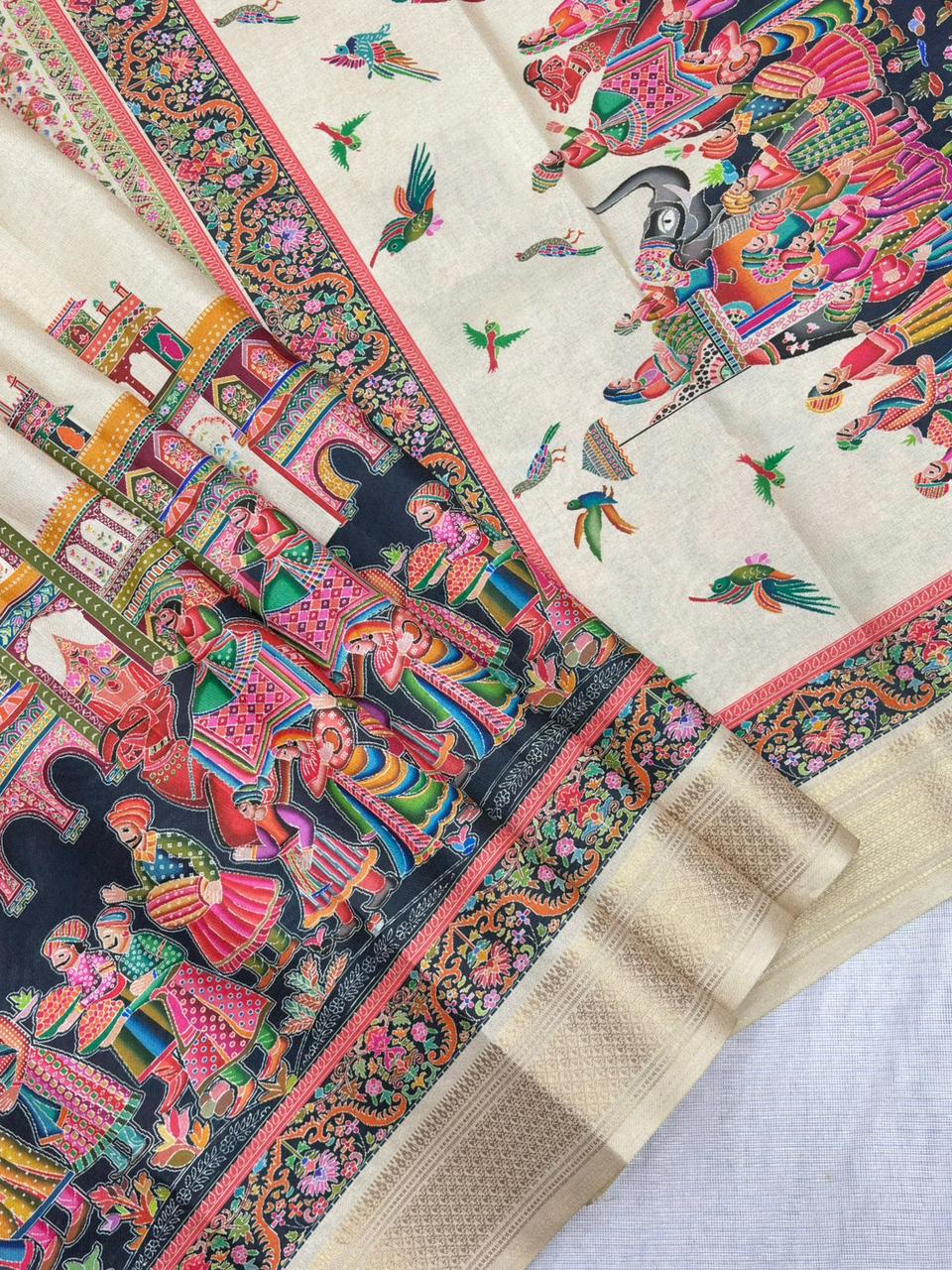 Varnesha Tussar Silk Saree – Ivory Heritage Digital Print
