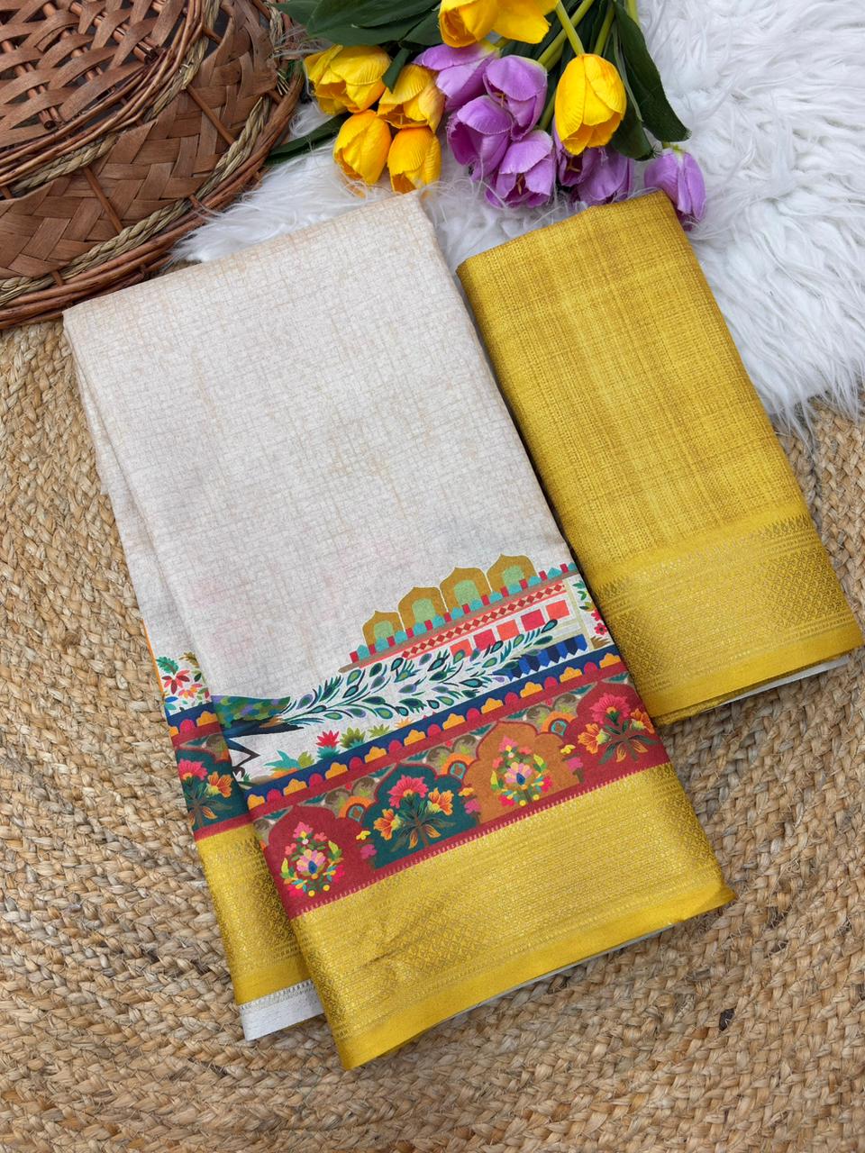 Varnesha Tussar Silk Saree – Cream Yellow Heritage Digital Print