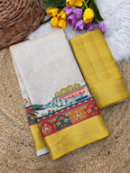 Varnesha Tussar Silk Saree – Cream Yellow Heritage Digital Print