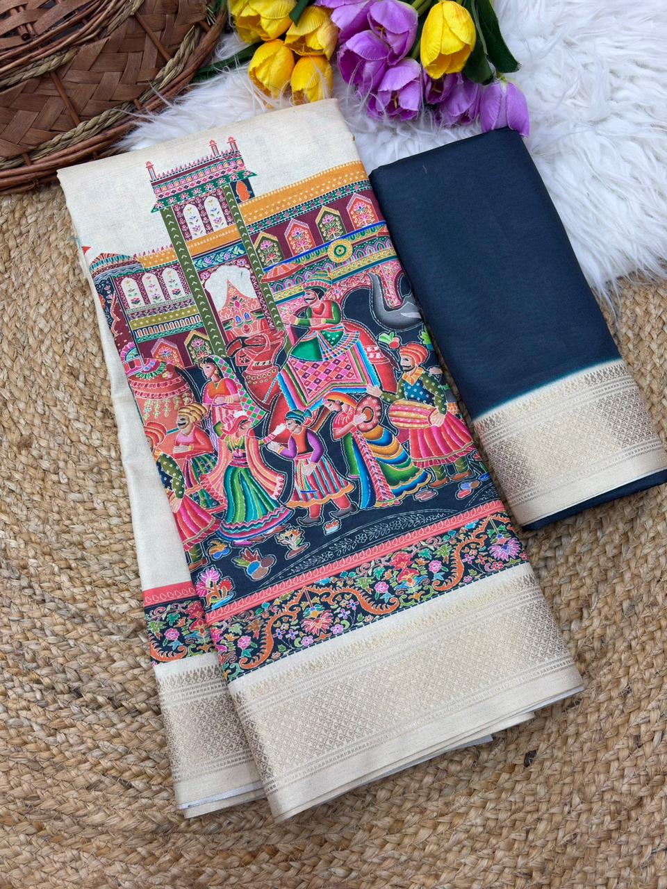 Varnesha Tussar Silk Saree – Ivory Heritage Digital Print