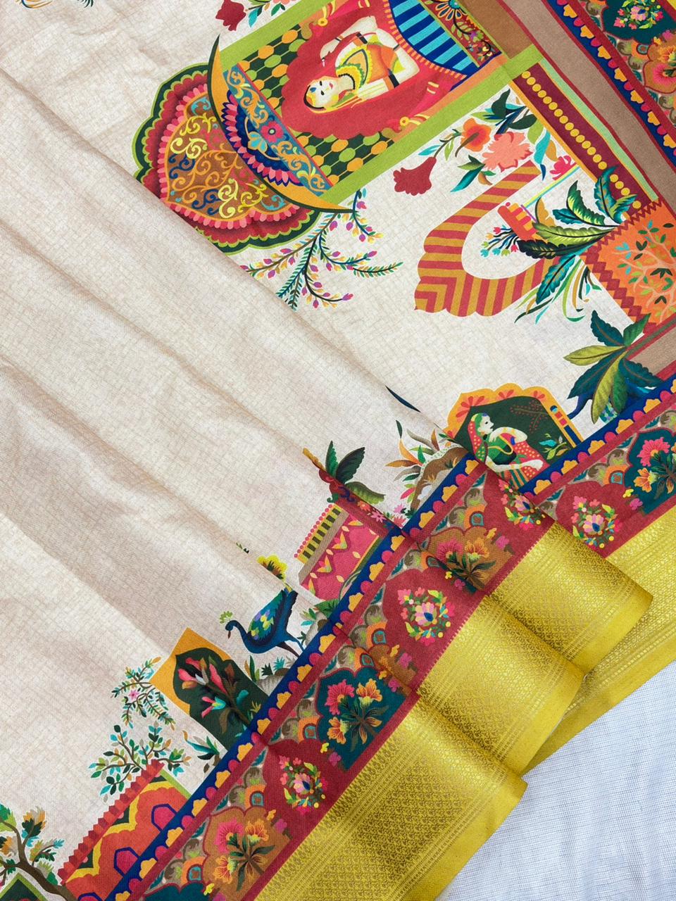 Varnesha Tussar Silk Saree – Cream Yellow Heritage Digital Print