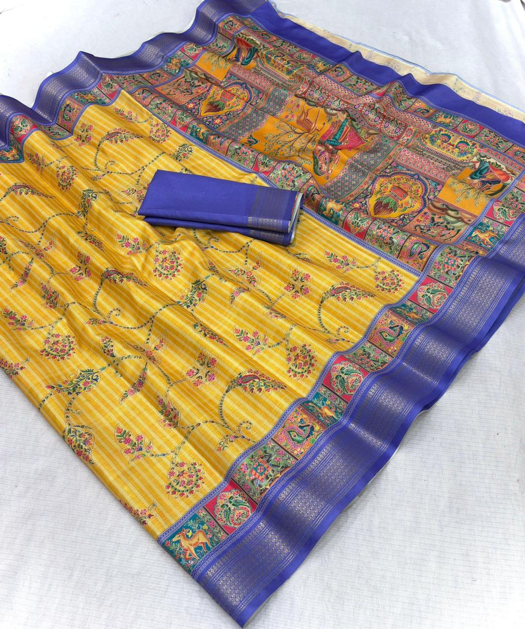 Varnesha Tussar Silk Saree – Mustard Heritage Digital Print