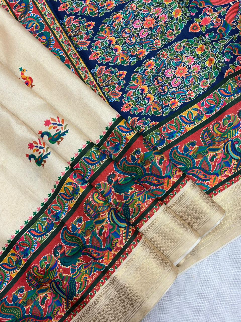 Varnesha Tussar Silk Saree – Cream Heritage Digital Print