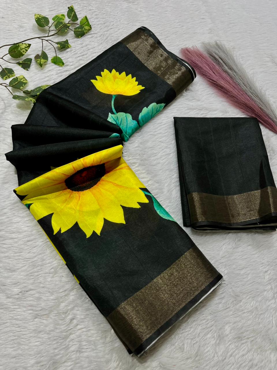 Aarini Tussar Feel Silk Saree – Midnight Sunflower