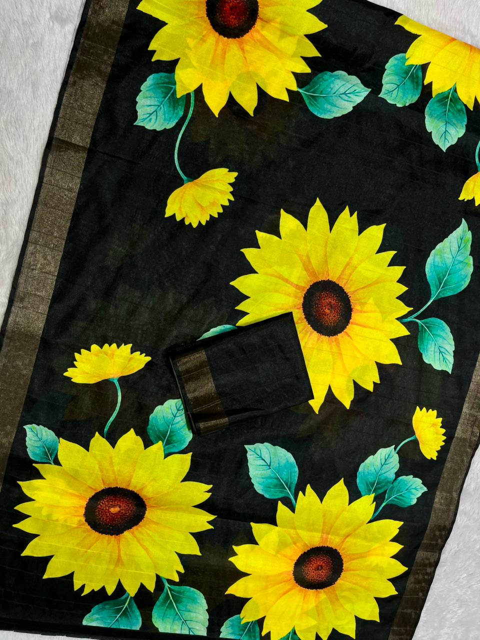 Aarini Tussar Feel Silk Saree – Midnight Sunflower