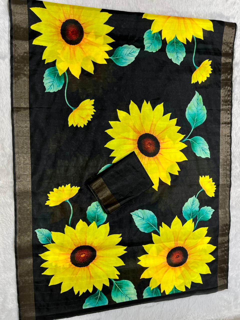 Aarini Tussar Feel Silk Saree – Midnight Sunflower