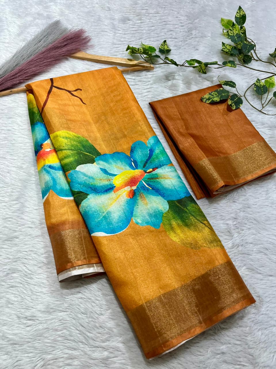 Aarini Tussar Feel Silk Saree – Amber Blossom