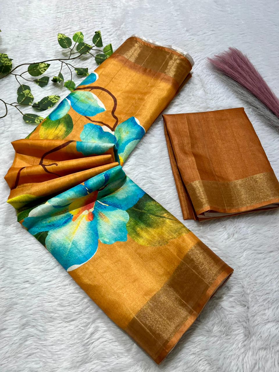 Aarini Tussar Feel Silk Saree – Amber Blossom