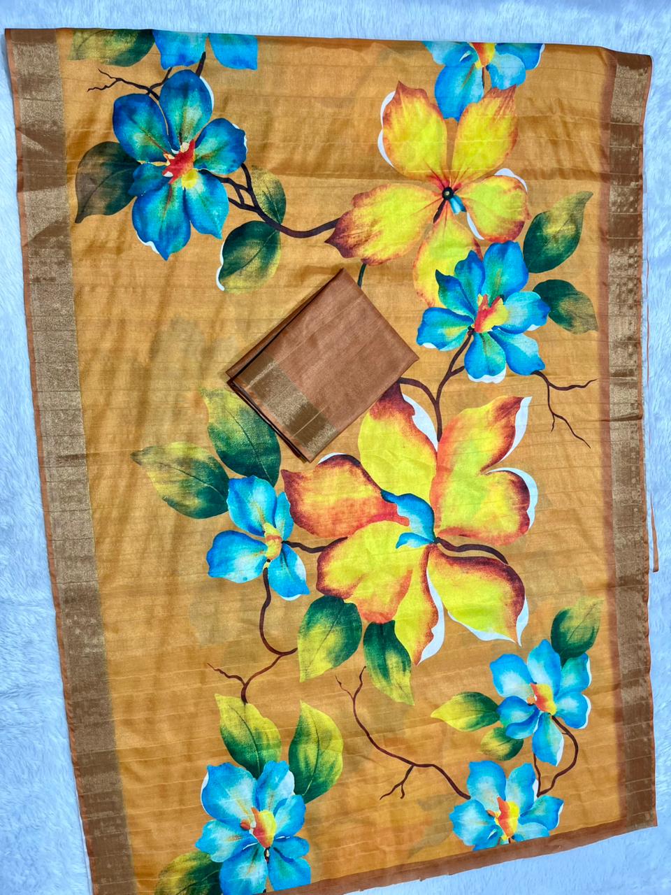 Aarini Tussar Feel Silk Saree – Amber Blossom