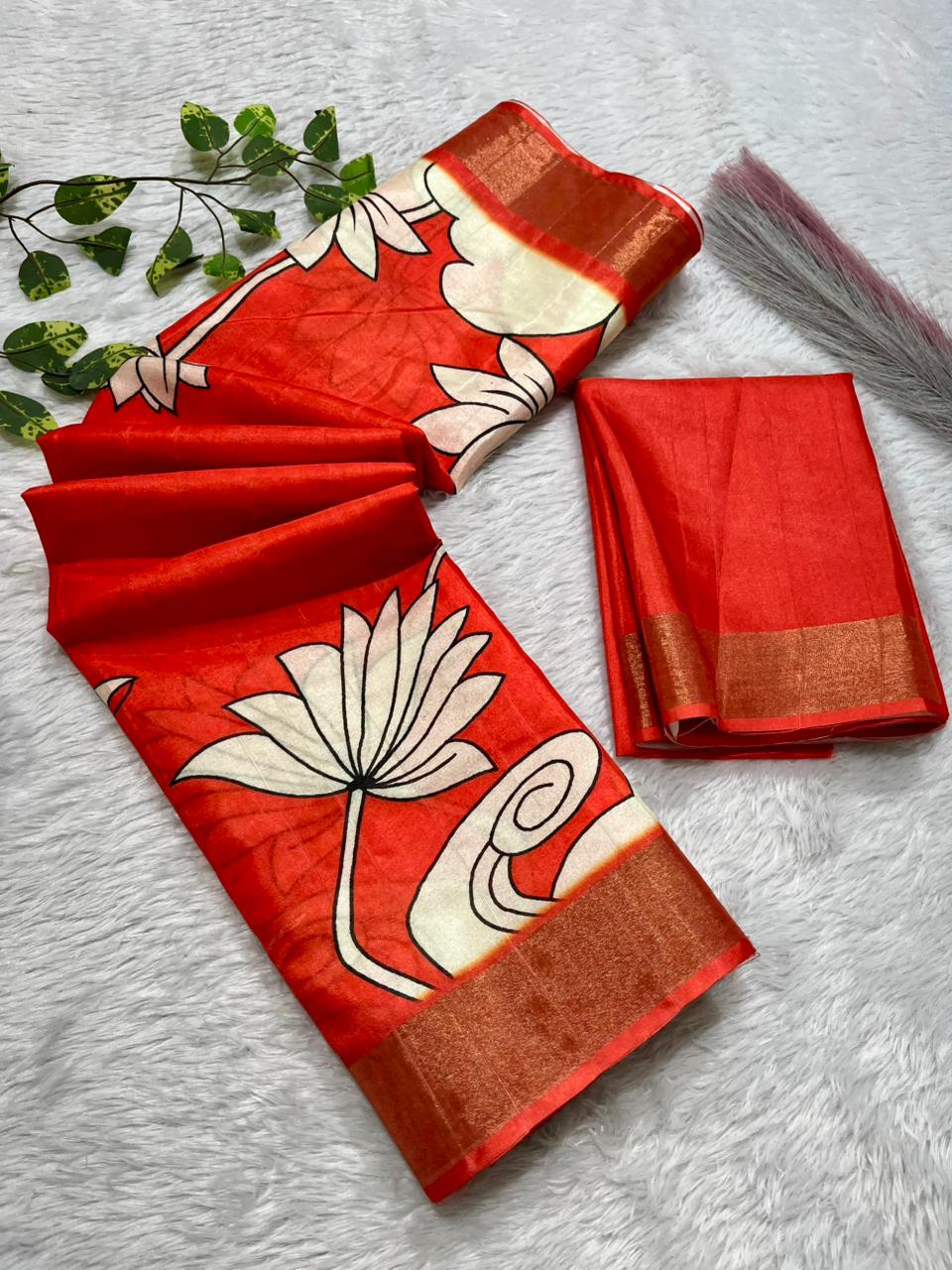 Aarini Tussar Feel Silk Saree – Vermilion Divine