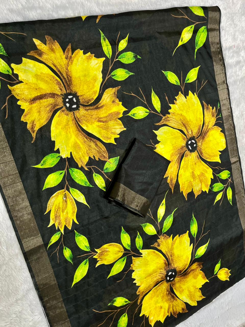 Aarini Tussar Feel Silk Saree – Midnight Blossom
