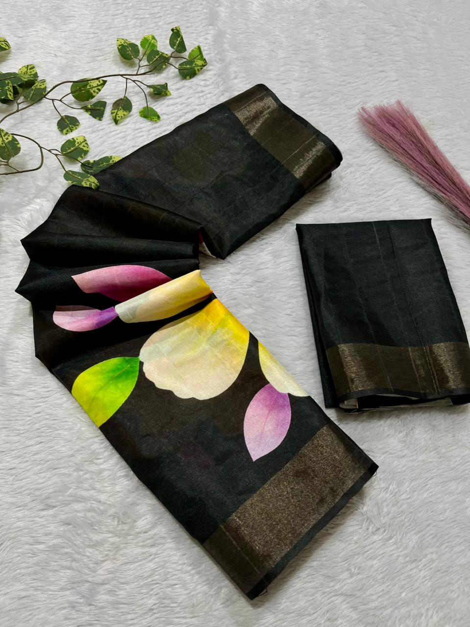 Aarini Tussar Feel Silk Saree – Black Bloom