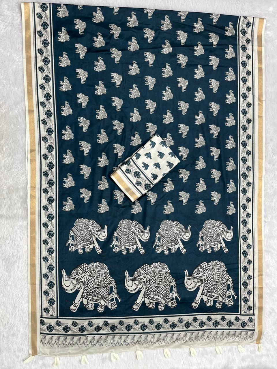 Zariya Cotton Blend Saree – Midnight Indigo