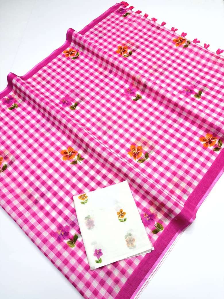 Elira Linen Cotton Saree – Pink Checks Blossom