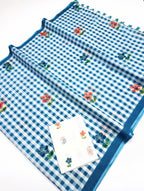 Elira Linen Cotton Saree – Sky Checks Bloom