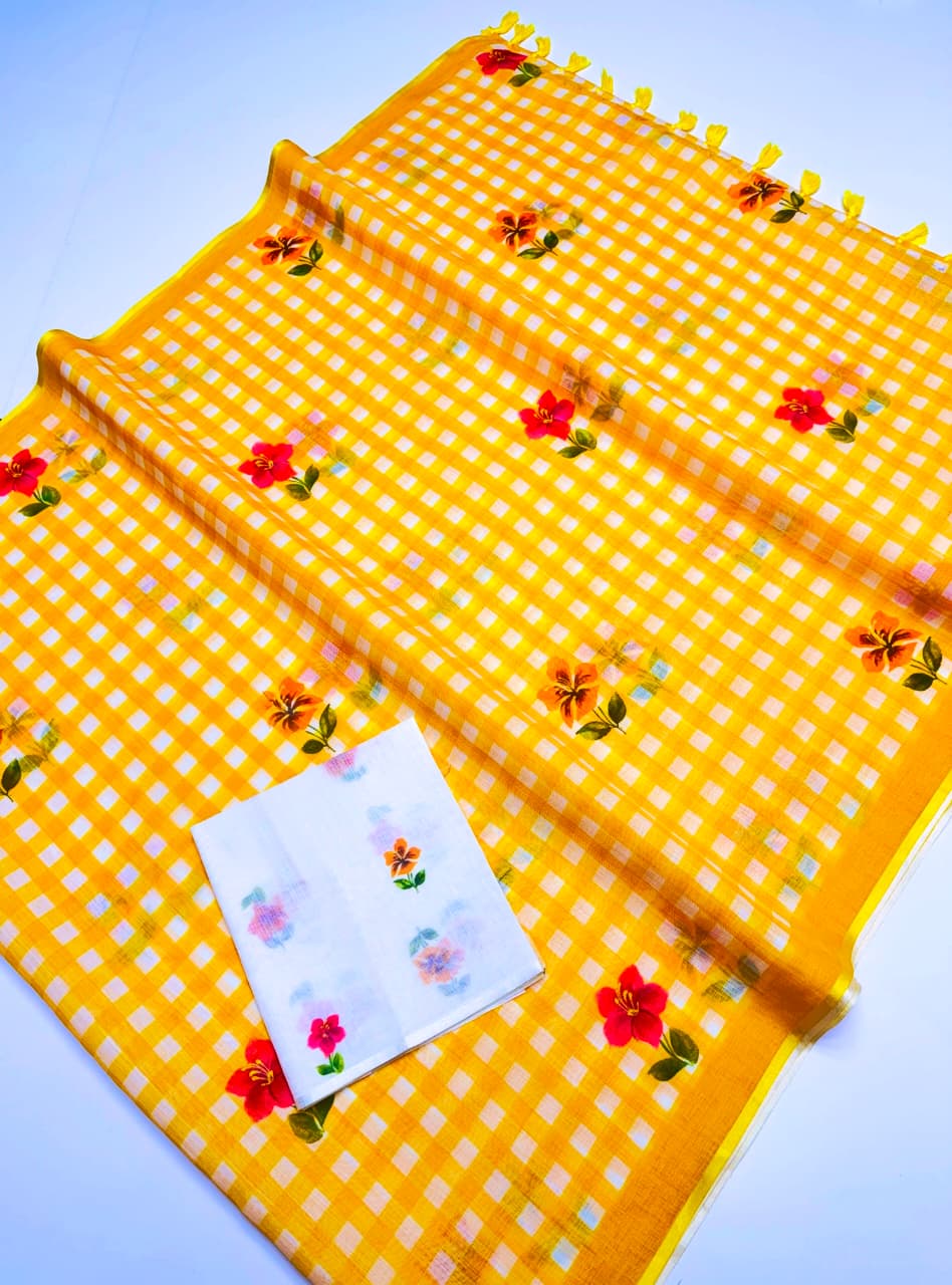 Elira Linen Cotton Saree – Yellow Checks Blossom