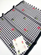Elira Linen Cotton Saree – Midnight Checks Bloom