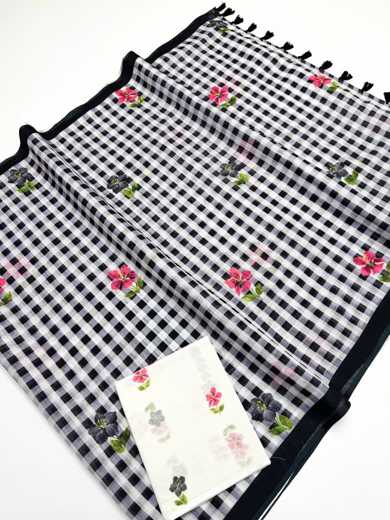 Elira Linen Cotton Saree – Midnight Checks Bloom
