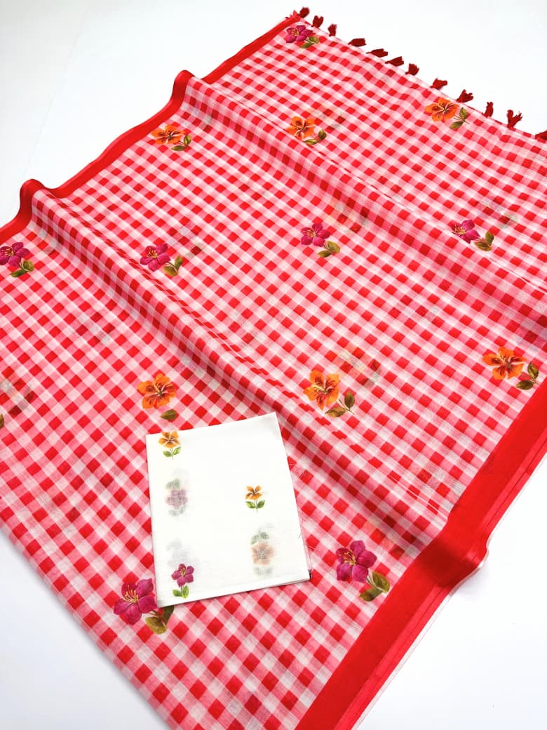 Elira Linen Cotton Saree – Red Checks Blossom