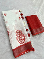 Gowrika Linen Cotton Saree – White Red Divine Digital Print