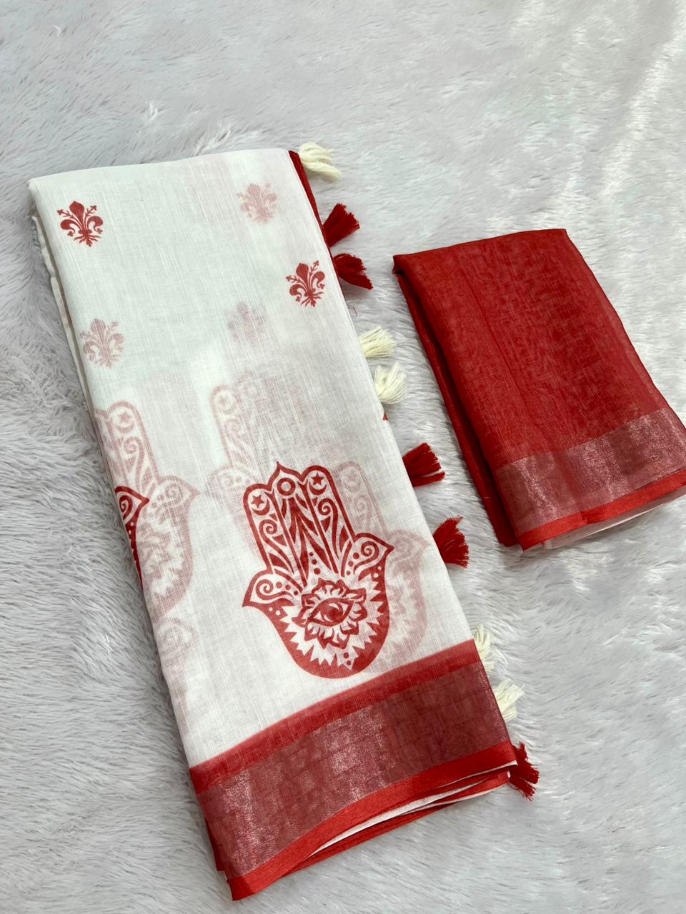 Gowrika Linen Cotton Saree – White Red Divine Digital Print