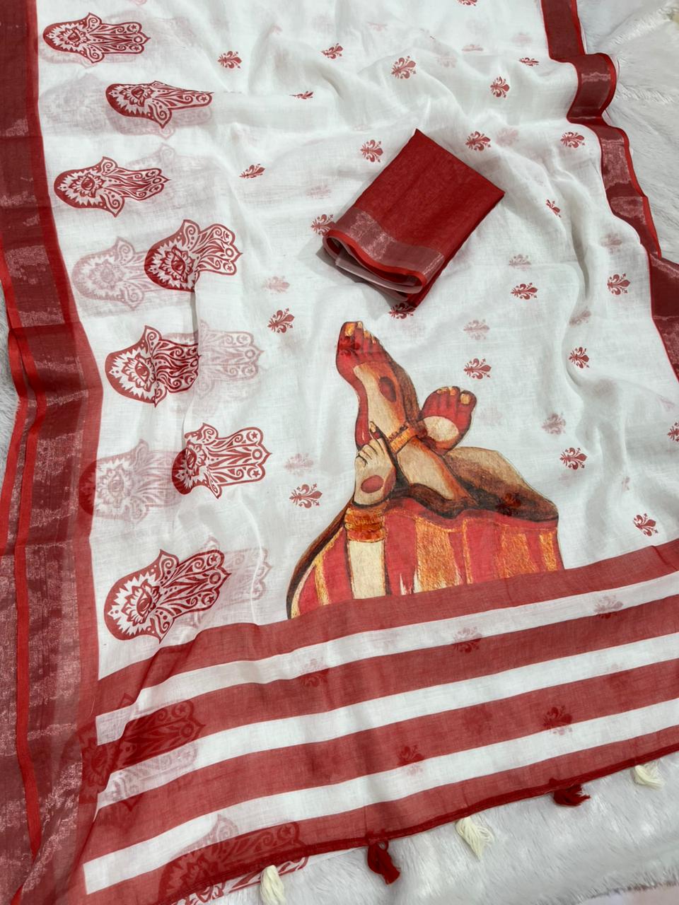 Gowrika Linen Cotton Saree – White Red Divine Digital Print