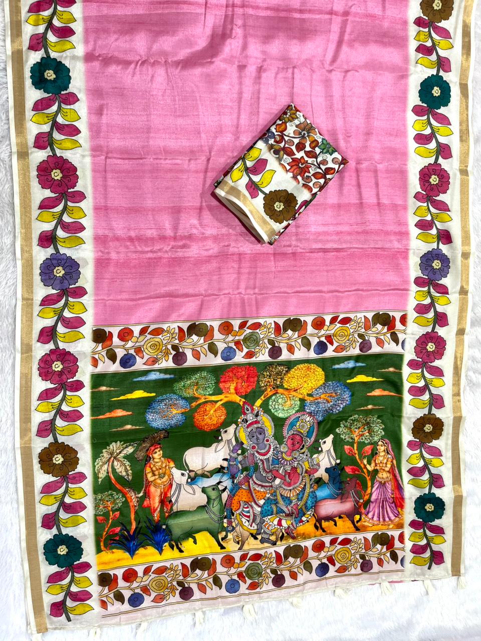 Vedyana Cotton Blend Saree – Pink Kalamkari Digital Print
