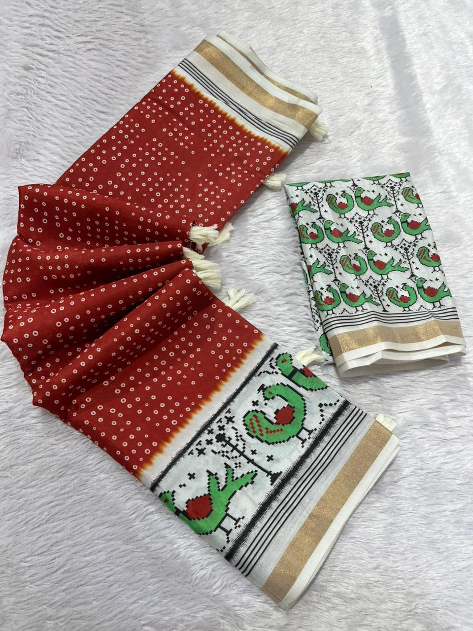 Pakhi Cotton Blend Saree – Rust Orange Parrot Bandhani