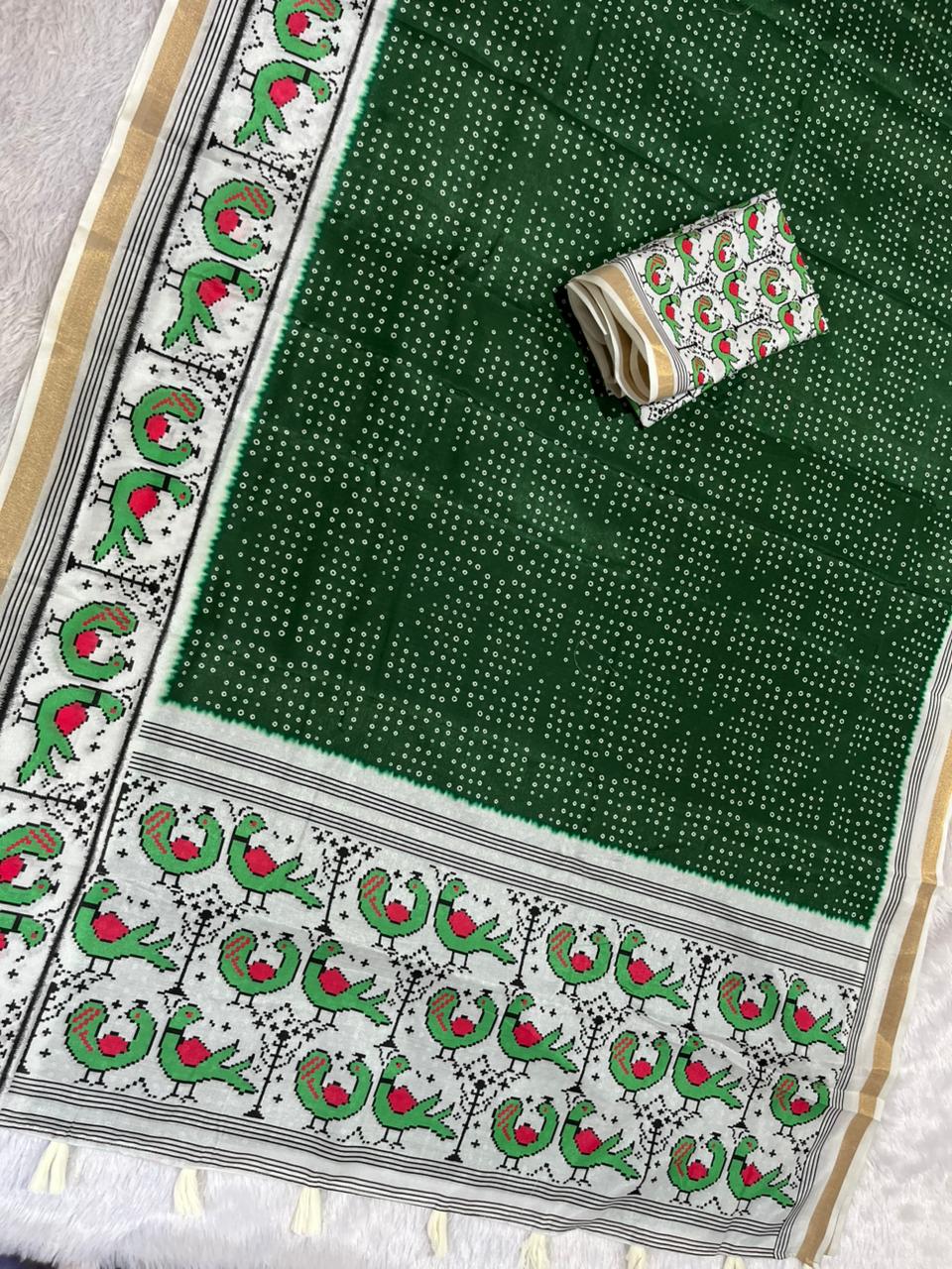 Pakhi Cotton Blend Saree – Emerald Green Parrot Bandhani