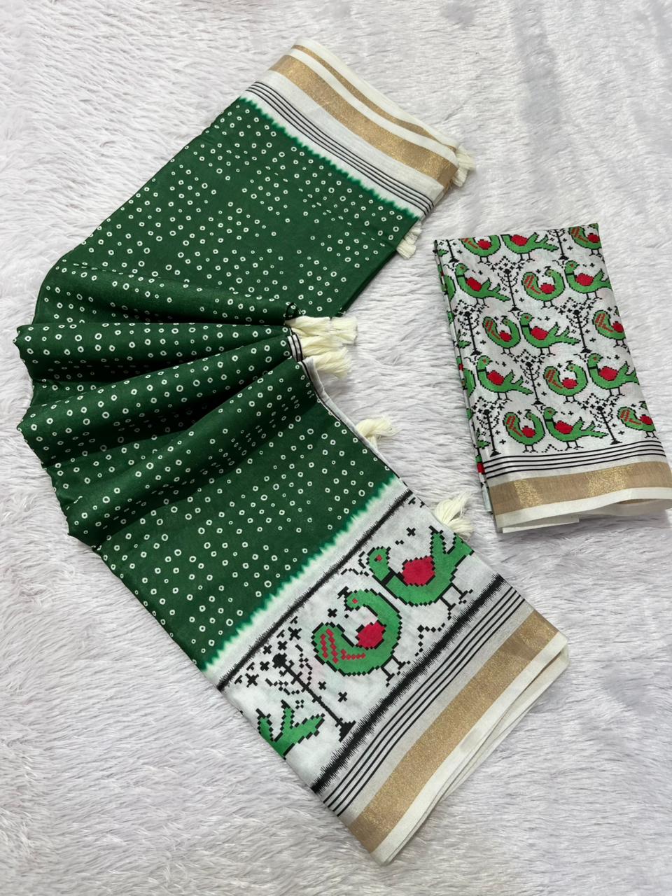 Pakhi Cotton Blend Saree – Emerald Green Parrot Bandhani