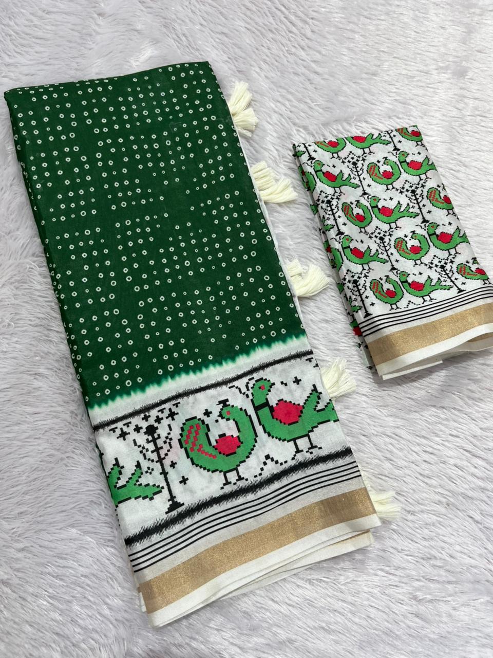 Pakhi Cotton Blend Saree – Emerald Green Parrot Bandhani