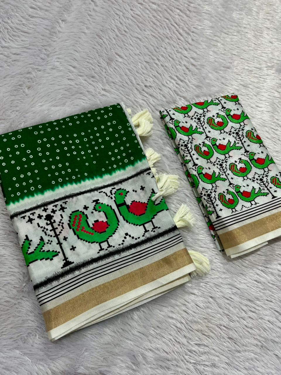 Pakhi Cotton Blend Saree – Emerald Green Parrot Bandhani