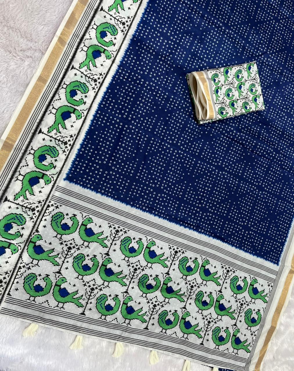 Pakhi Cotton Blend Saree – Royal Blue Parrot Bandhani
