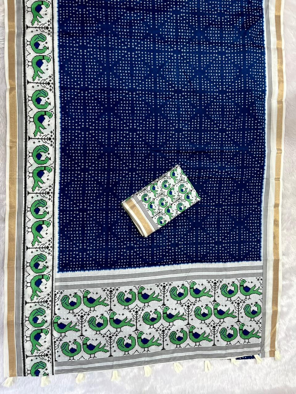Pakhi Cotton Blend Saree – Royal Blue Parrot Bandhani