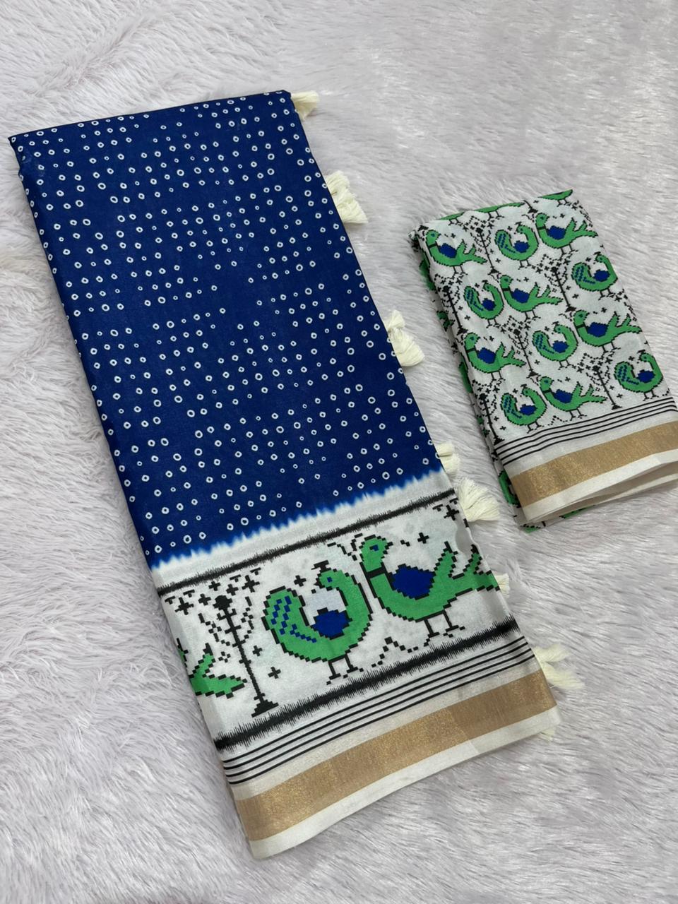Pakhi Cotton Blend Saree – Royal Blue Parrot Bandhani