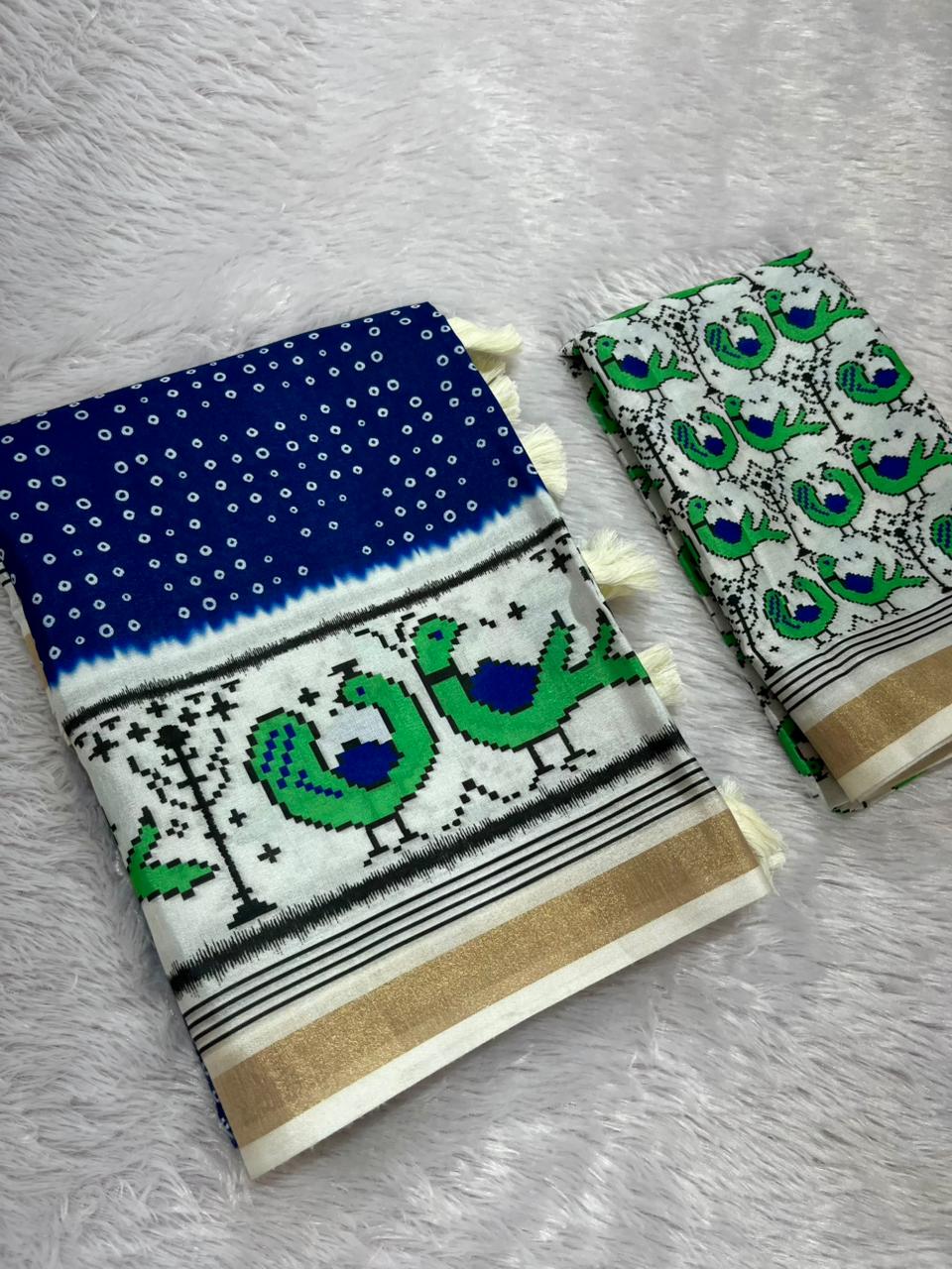Pakhi Cotton Blend Saree – Royal Blue Parrot Bandhani
