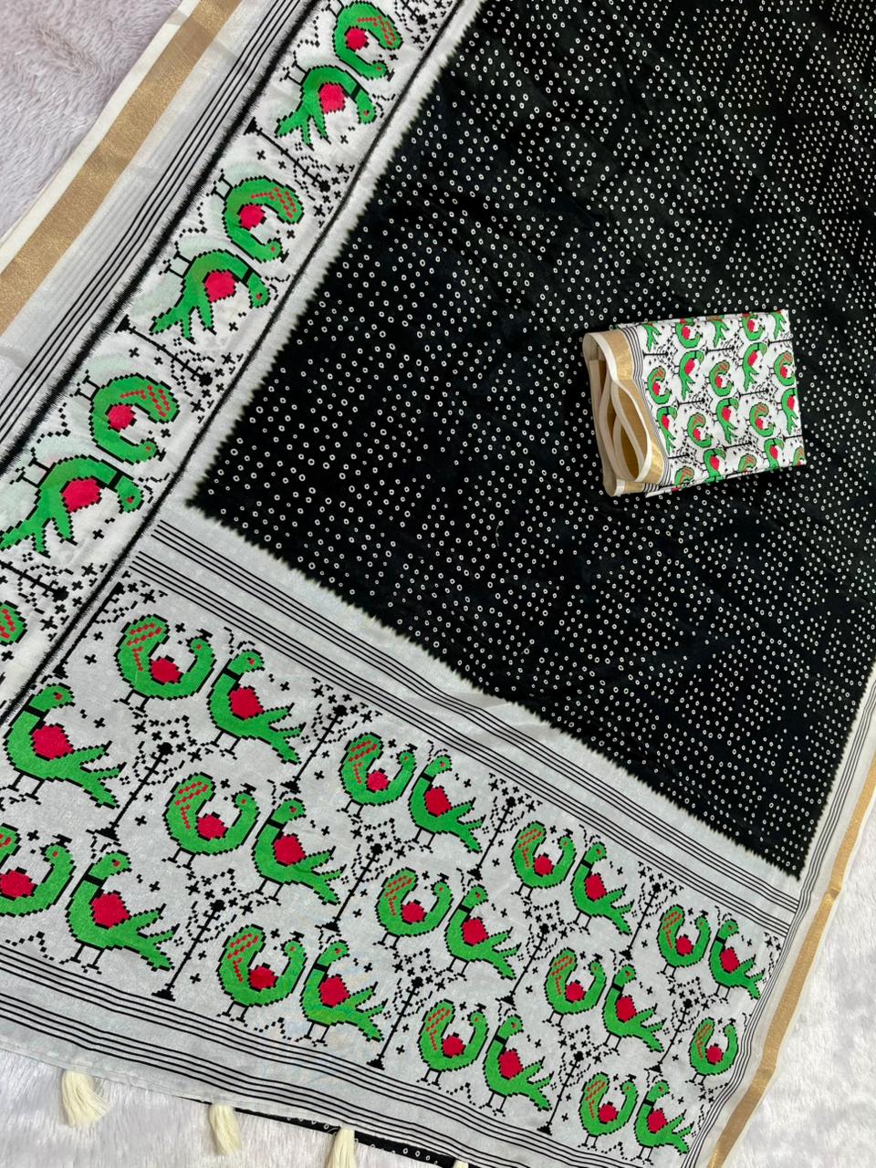 Pakhi Cotton Blend Saree – Black Parrot Bandhani