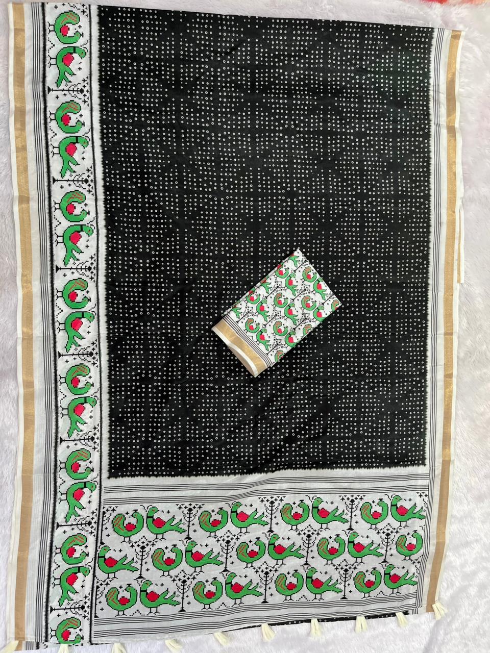 Pakhi Cotton Blend Saree – Black Parrot Bandhani