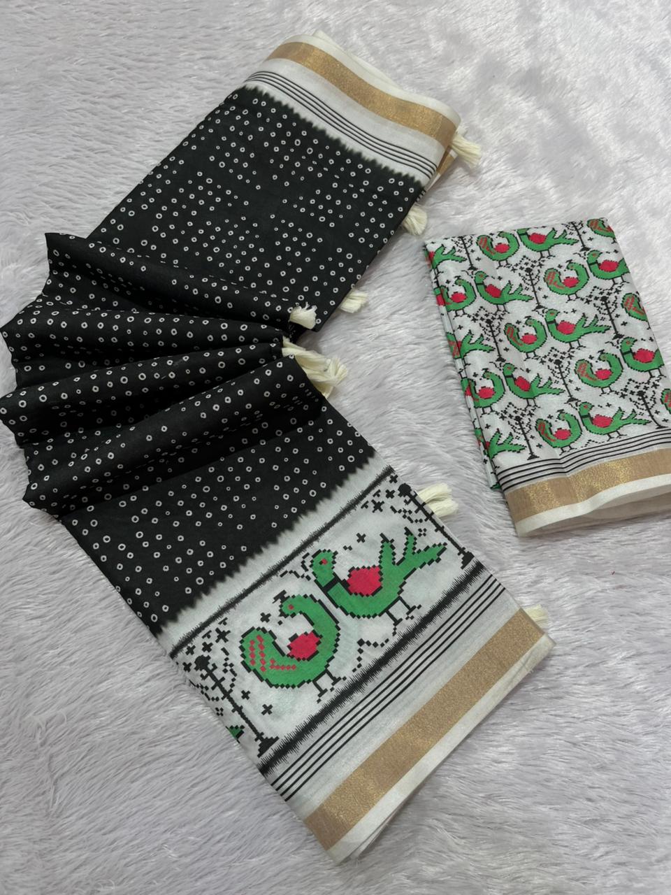 Pakhi Cotton Blend Saree – Black Parrot Bandhani