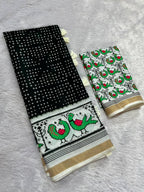 Pakhi Cotton Blend Saree – Black Parrot Bandhani