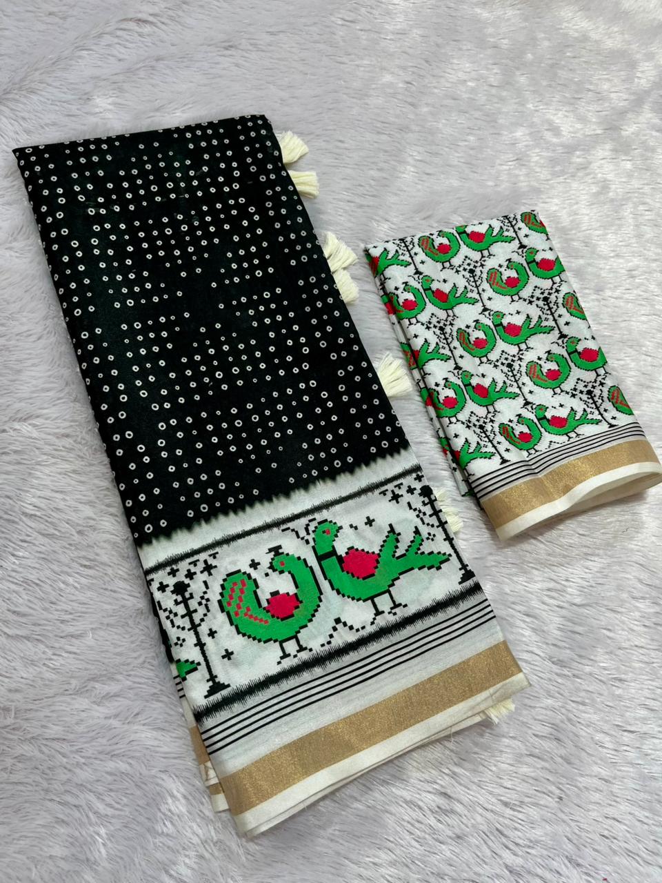 Pakhi Cotton Blend Saree – Black Parrot Bandhani