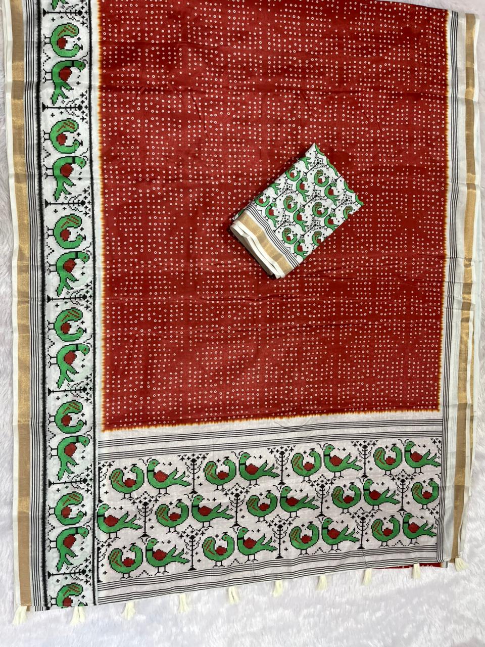 Pakhi Cotton Blend Saree – Rust Orange Parrot Bandhani