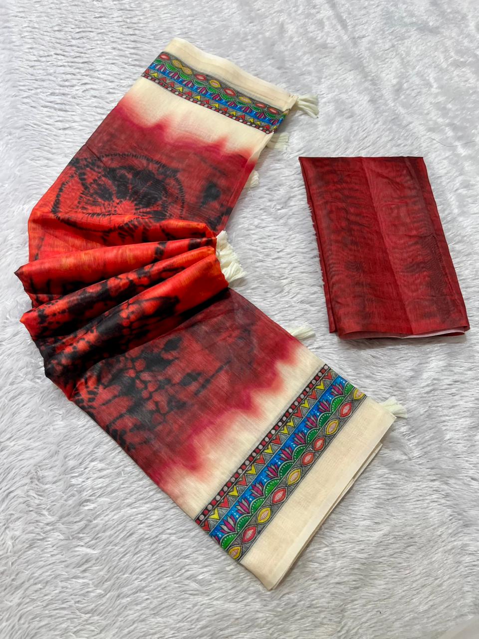 Matsya Soft Chanderi Cotton Saree – Red Shibori Madhubani Digital Print