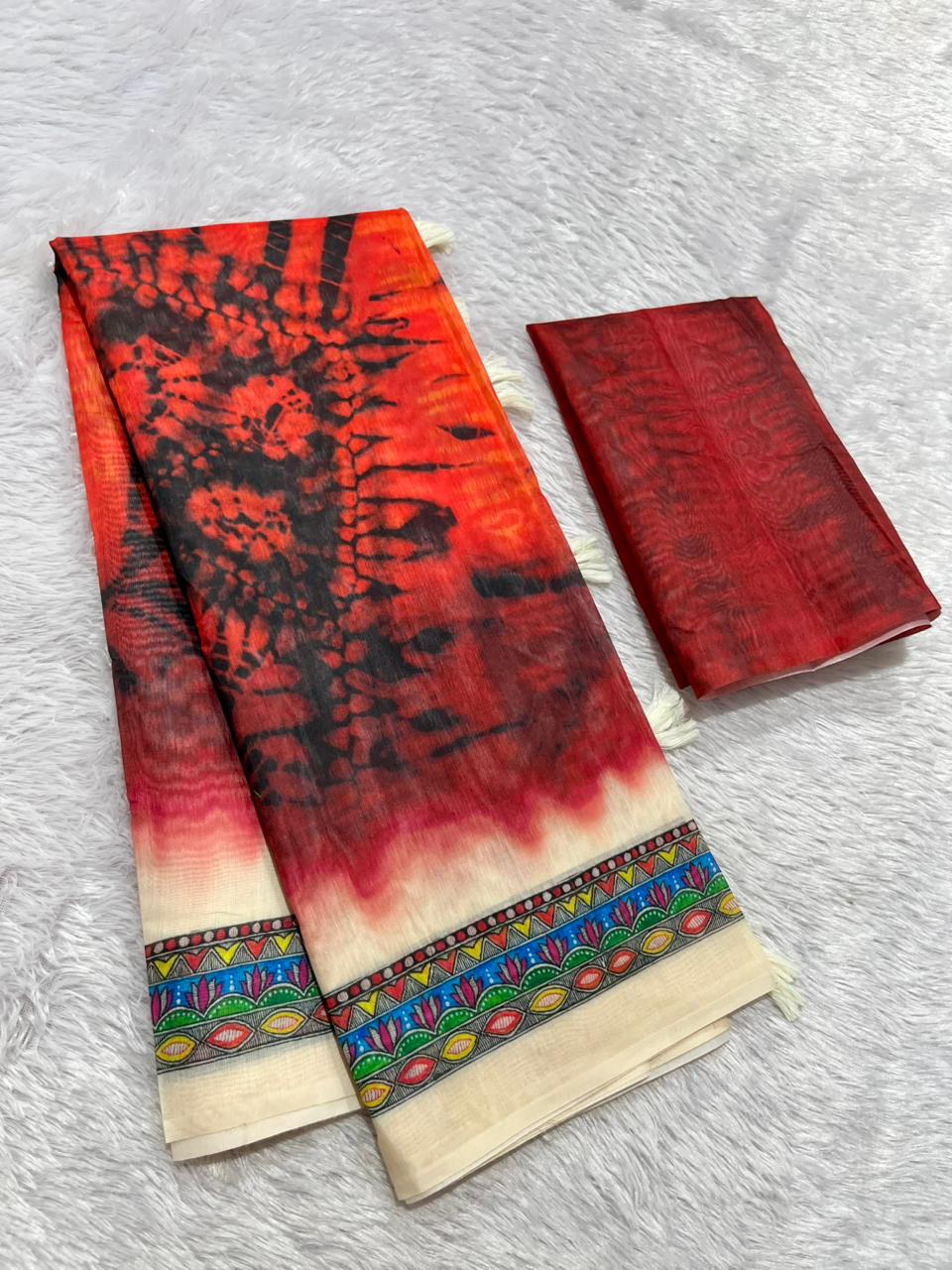 Matsya Soft Chanderi Cotton Saree – Red Shibori Madhubani Digital Print