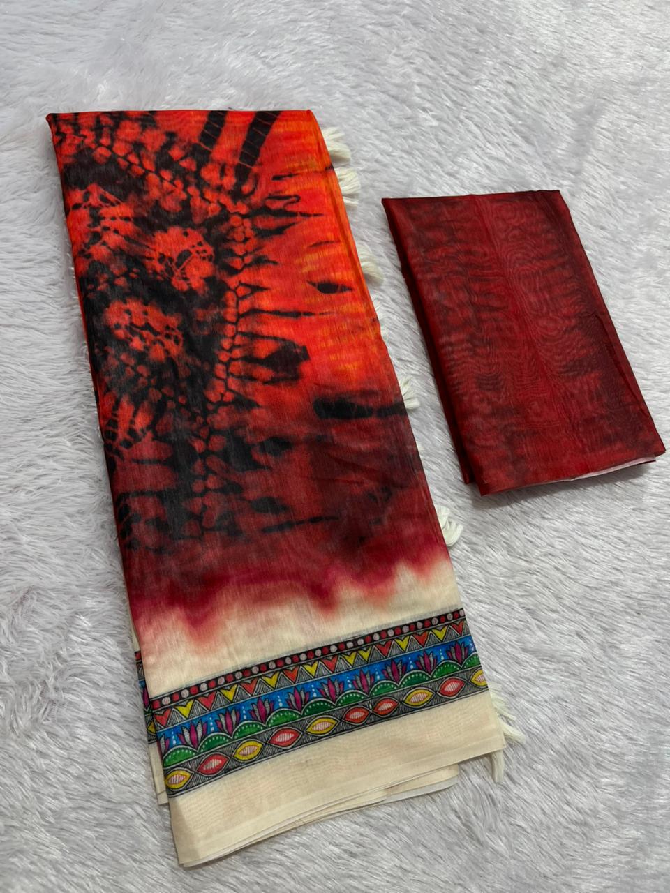 Matsya Soft Chanderi Cotton Saree – Red Shibori Madhubani Digital Print