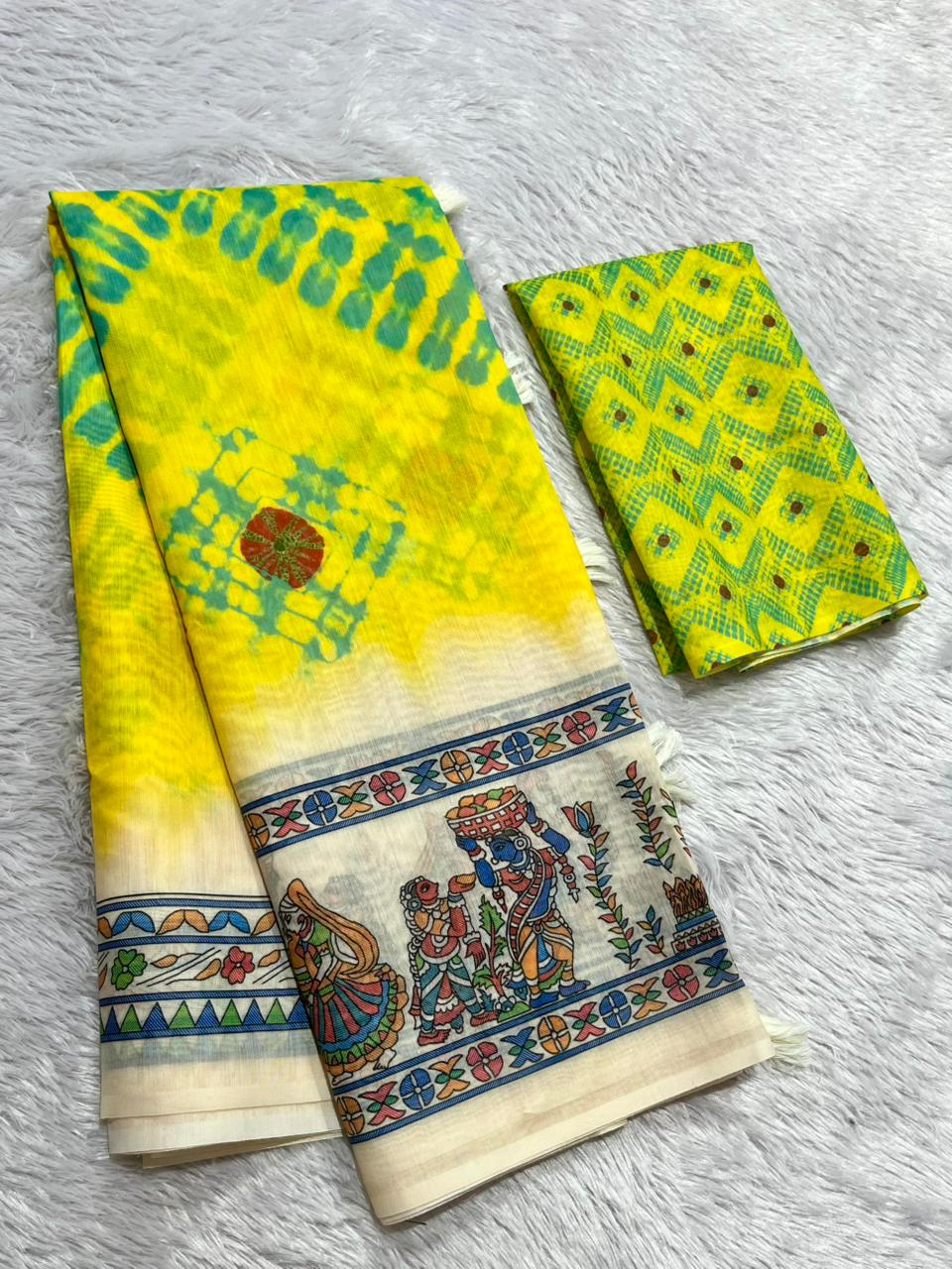 Matsya Soft Chanderi Cotton Saree – Yellow Shibori Madhubani Digital Print