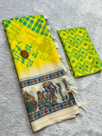 Matsya Soft Chanderi Cotton Saree – Yellow Shibori Madhubani Digital Print